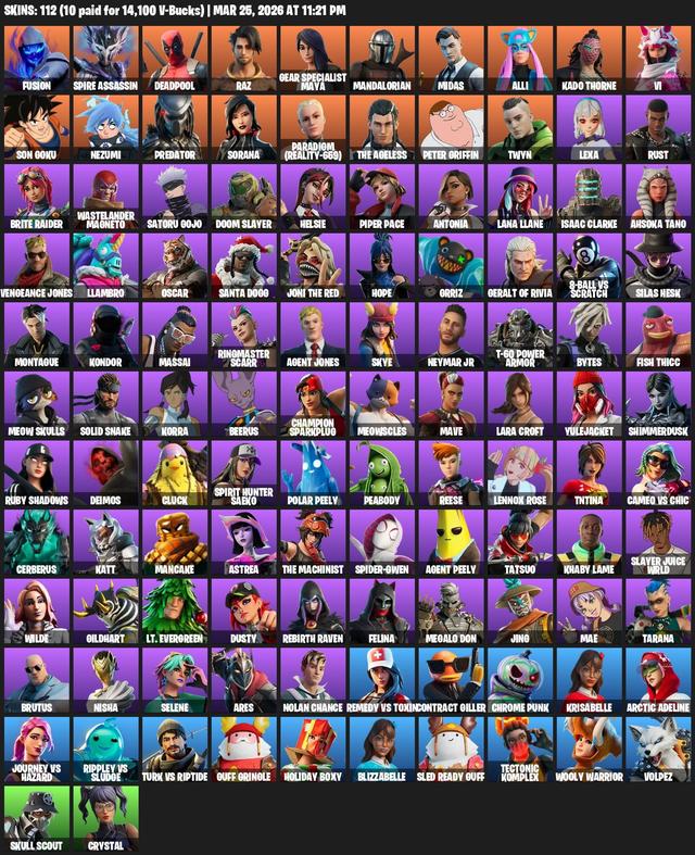 [PC/PSN/XBOX] | 112 skins | Leviathan Axe | Lara Croft | Fusion | Spire Assassin | Deadpool | Raz | Gear Specialist Maya | Mandalorian | Midas | Alli
