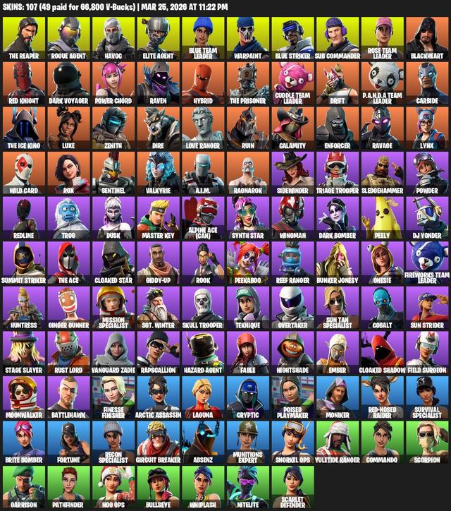 [PC/PSN/XBOX] | 107 skins | 850 V-bucks | Take The L | OG STW | The Reaper | Elite Agent | Rogue Agent | Havoc | Blue Team Leader | Warpaint