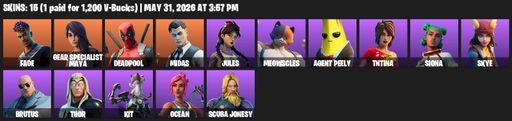 [PC/XBOX] | 15 skins | Fade | Gear Specialist Maya | Deadpool | Midas | Jules | Meowscles | Agent Peely | TNTina | Siona | Skye | Brutus | Thor | Kit | Full Access