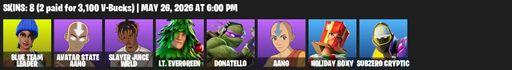 [PC/XBOX] | 8 skins | Blue Team Leader | Avatar State Aang | Slayer Juice WRLD | Lt. Evergreen | Donatello | Aang | Holiday Boxy | Subzero Cryptic | Full Access