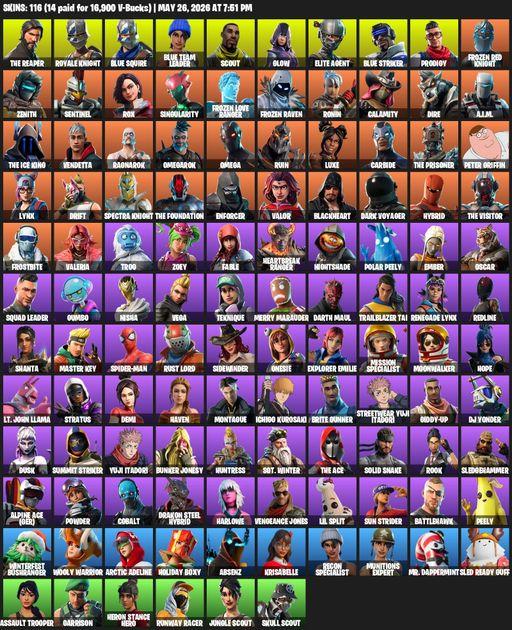 [PC] | 116 skins | Take The L | Royale Knight | The Reaper | Elite Agent | Blue Squire | Omega | Blue Team Leader | Scout | Glow | Blue Striker | Full Access