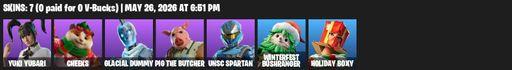 [PC/PSN] | 7 skins | 600 V-bucks | Yuki Yubari | Cheeks | Glacial Dummy | Pig the Butcher | UNSC Spartan | Winterfest Bushranger | Holiday Boxy | Full Access