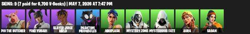 [PC/PSN/XBOX] | 9 skins | Pig the Butcher | Yuki Yubari | Slayer Juice WRLD | Phantom Meowscles | Whiplash | Mystery Zone | Mysterious Fate | Aura | Full Access