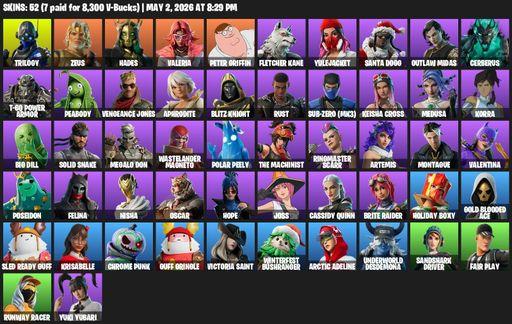 [PC/PSN/XBOX] | 52 skins | 900 V-bucks | Trilogy | Zeus | Hades | Valeria | Peter Griffin | Fletcher Kane | Yulejacket | Santa Dogg | Outlaw Midas | Full Access