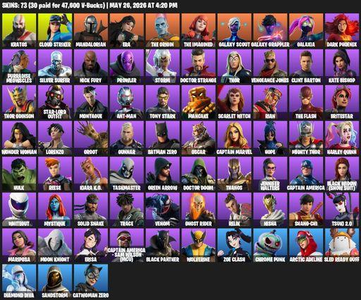 [PC/XBOX] | 73 skins | 500 V-bucks | Leviathan Axe | Kratos | Cloud Striker | Mandalorian | Era | The Origin | The Imagined | Galaxy Scout | Full Access
