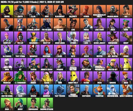 [PC/PSN/XBOX] | 74 skins | 750 V-bucks | Merry Mint Axe | IKONIK | Lara Croft | Zenith | A.I.M. | Ruin | Blackheart | Calamity | Hybrid | Full Access