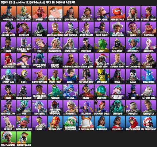 [PC/PSN/XBOX] | 82 skins | 1300 V-bucks | Omegarok | Spectra Knight | Valeria | Peter Griffin | Kado Thorne | Antonia | Ayla Winn | Hero Baymax | Full Access