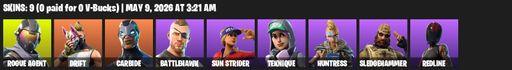 [PC/PSN/XBOX] | 9 skins | Rogue Agent | Drift | Carbide | Battlehawk | Sun Strider | Teknique | Huntress | Sledgehammer | Redline | Rift Edge | Full Access