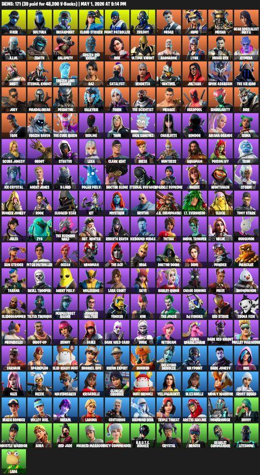 [PC/XBOX] | 171 skins | 500 V-bucks | Leviathan Axe | Lara Croft | Fixer | Sultura | Breakpoint | Cloud Striker | Point Patroller | Trilogy | Midas | Full Access