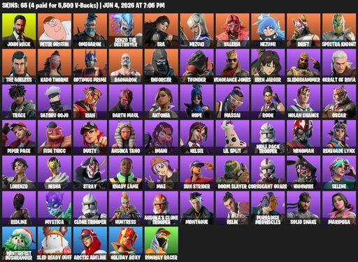 [PC/PSN/XBOX] | 65 skins | 700 V-bucks | John Wick | Peter Griffin | Omegarok | Renzo the Destroyer | Era | Mizuki | Valeria | Nezumi | Drift | Full Access