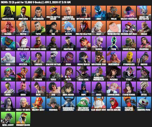 [PC/PSN/XBOX] | 72 skins | 850 V-bucks | Darth Vader | John Wick | The Ageless | Molten Battle Hound | Paradigm (Reality-659) | Optimus Prime | Zero | Full Access