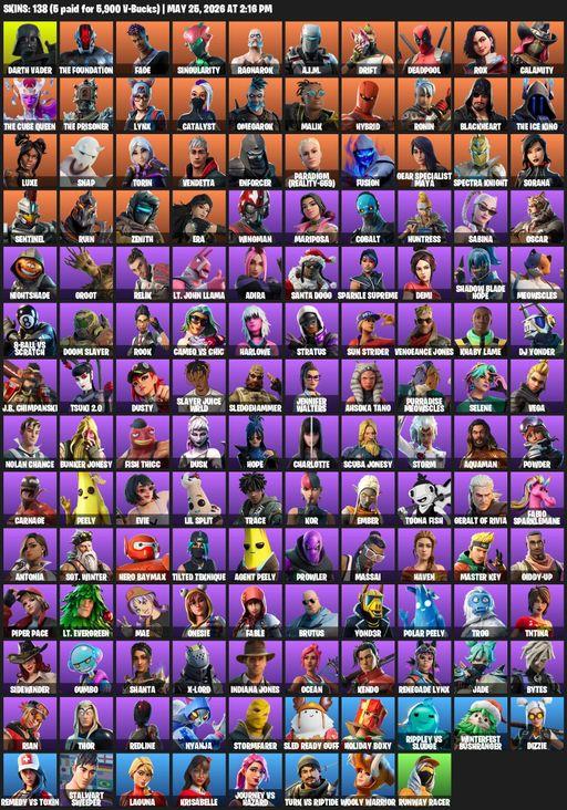 [PC/PSN/XBOX] | 138 skins | Merry Mint Axe | Darth Vader | The Foundation | Fade | Singularity | Ragnarok | A.I.M. | Drift | Deadpool | Rox | Calamity | Full Access