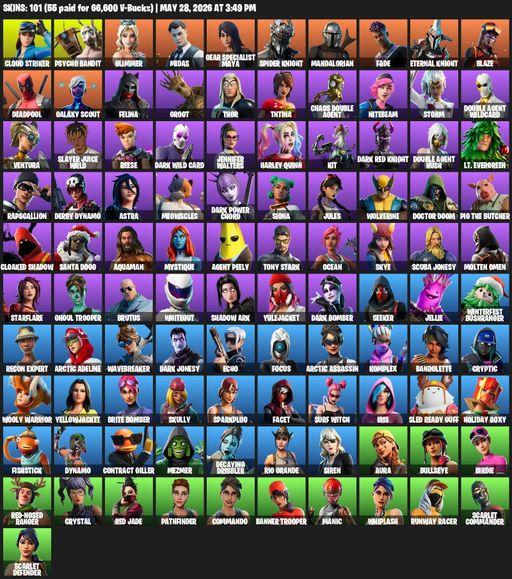 [PC/XBOX] | 101 skins | 1150 V-bucks | Leviathan Axe | Cloud Striker | Psycho Bandit | Glimmer | Midas | Gear Specialist Maya | Spider Knight | Full Access
