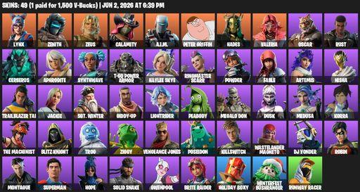 [PC] | 49 skins | Lynx | Zenith | Zeus | Calamity | A.I.M. | Peter Griffin | Hades | Valeria | Oscar | Rust | Cerberus | Aphrodite | Synthwave | Full Access