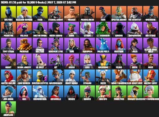 [PC/PSN/XBOX] | 61 skins | 550 V-bucks | Leviathan Axe | Sultura | Blizzard Bomber | Fixer | Eternal Knight | Menace | Mandalorian | Fade | Full Access