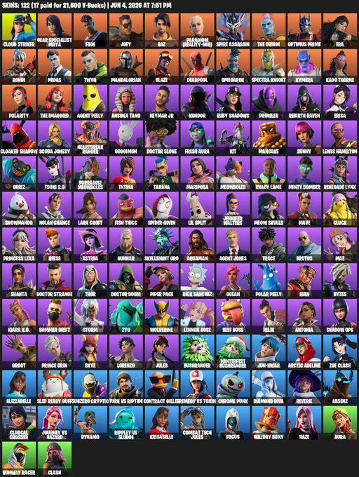 [PC/XBOX] | 122 skins | 1250 V-bucks | Lara Croft | Cloud Striker | Gear Specialist Maya | Fade | Joey | Raz | Paradigm (Reality-659) | Spire Assassin | Full Access