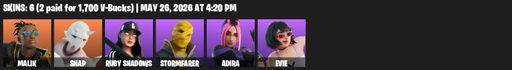 [PC/PSN] | 6 skins | 1050 V-bucks | Malik | Snap | Ruby Shadows | Stormfarer | Adira | Evie | Pairing Blades | Shadow Slicer | Solar Slicer | Full Access