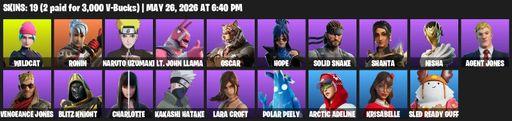 [PC/XBOX] | 19 skins | Wildcat | Lara Croft | Ronin | Naruto Uzumaki | Lt. John Llama | Oscar | Hope | Solid Snake | Shanta | Nisha | Agent Jones | Full Access