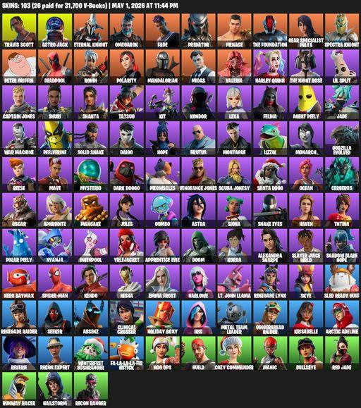 [PC/PSN] | 103 skins | Renegade Raider | Travis Scott | Astro Jack | Eternal Knight | Omegarok | Fade | Predator | Menace | The Foundation | Full Access