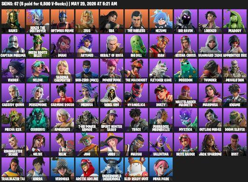 [PC/PSN/XBOX] | 67 skins | Hades | Renzo the Destroyer | Optimus Prime | Zeus | Era | The Ageless | Nezumi | Sir Raven | Lorenzo | Peabody | Full Access