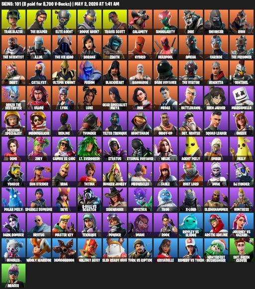[PC/PSN/XBOX] | 101 skins | Take The L | Travis Scott | The Reaper | Elite Agent | Omega | Trailblazer | Rogue Agent | Calamity | Singularity | Dire | Full Access