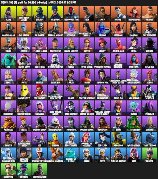 [PC/PSN/XBOX] | 103 skins | 750 V-bucks | OG STW | Reaper Axe | Glow | Rose Team Leader | Trilogy | Warpaint | The Foundation | Fade | Joey | Midas | Full Access