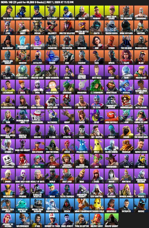[PC/XBOX] | 148 skins | Leviathan Axe | Take The L | OG STW | The Reaper | Elite Agent | Omega | Carbon Commando | Warpaint | Point Patroller | Kratos | Full Access