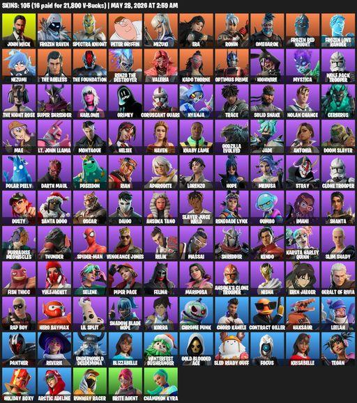 [PC] | 105 skins | John Wick | Frozen Raven | Spectra Knight | Peter Griffin | Mizuki | Era | Ronin | Omegarok | Frozen Red Knight | Full Access
