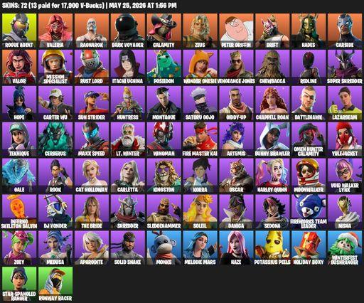 [PC/PSN] | 72 skins | Take The L | Rogue Agent | Valeria | Ragnarok | Dark Voyager | Calamity | Zeus | Peter Griffin | Drift | Hades | Carbide | Valor | Full Access