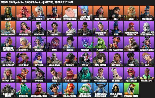 [PC/PSN/XBOX] | 59 skins | Hades | Valeria | Mizuki | Optimus Prime | Peter Griffin | Renzo the Destroyer | Kado Thorne | Era | Zeus | Omegarok | Full Access