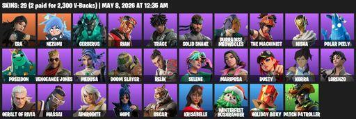 [PC/PSN/XBOX] | 29 skins | Era | Nezumi | Cerberus | Rian | Trace | Solid Snake | Purradise Meowscles | The Machinist | Nisha | Polar Peely | Poseidon | Full Access