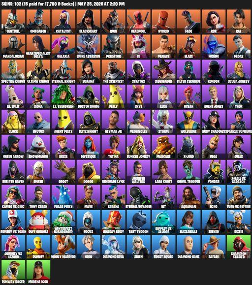 [PC/PSN/XBOX] | 102 skins | Lara Croft | Reaper Axe | Sentinel | Omegarok | Catalyst | Blackheart | Ruin | Deadpool | Hybrid | Fade | Rox | Raz | Full Access