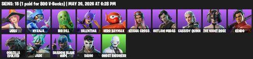 [PC/PSN/XBOX] | 15 skins | 900 V-bucks | Joss | Nyanja | Big Dill | Valentina | Hero Baymax | Keisha Cross | Outlaw Midas | Cassidy Quinn | Full Access