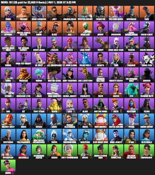[PC/PSN/XBOX] | 101 skins | Leviathan Axe | Lara Croft | Torin | Menace | Spire Assassin | Joey | Mandalorian | Spectra Knight | Predator | Full Access