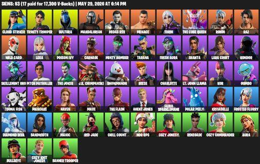 [PC/PSN/XBOX] | 53 skins | Lara Croft | Cloud Striker | Trinity Trooper | Sultura | Mandalorian | Midas Rex | Menace | Torin | The Cube Queen | Ronin | Full Access