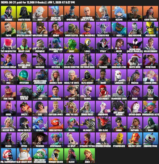 [PC/PSN] | 96 skins | 1150 V-bucks | Xander | Darth Vader | Snap | Renzo the Destroyer | Omegarok | Paradigm (Reality-659) | Mizuki | Nezumi | Malik | Full Access