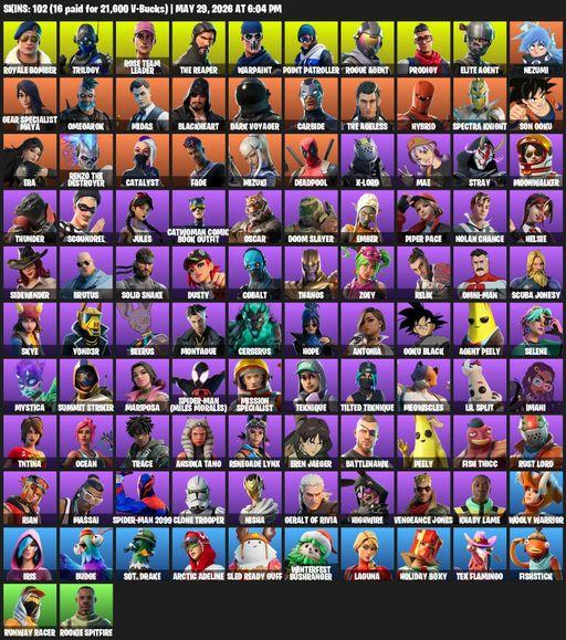 [PC] | 102 skins | Take The L | OG STW | The Reaper | Elite Agent | Royale Bomber | Trilogy | Rose Team Leader | Warpaint | Point Patroller | Full Access