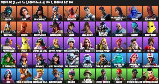 [PC/PSN/XBOX] | 50 skins | Merry Mint Axe | Lara Croft | Zenith | Rox | Blackheart | Lynx | Deadpool | Midas | Fade | Gear Specialist Maya | Fusion | Full Access