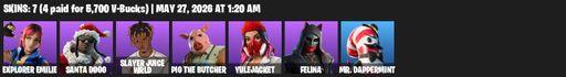 [PC/PSN/XBOX] | 7 skins | 500 V-bucks | Explorer Emilie | Santa Dogg | Slayer Juice WRLD | Pig the Butcher | Yulejacket | Felina | Mr. Dappermint | Full Access
