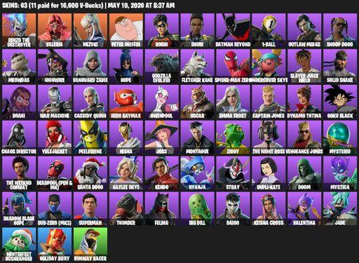 [PC/XBOX] | 63 skins | Renzo the Destroyer | Valeria | Mizuki | Peter Griffin | Robin | Shuri | Batman Beyond | 1-Ball | Outlaw Midas | Snoop Dogg | Full Access