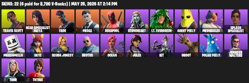 [PC/PSN] | 22 skins | 950 V-bucks | Travis Scott | Gear Specialist Maya | Fade | Midas | Deadpool | Stoneheart | Lt. Evergreen | Agent Peely | Full Access