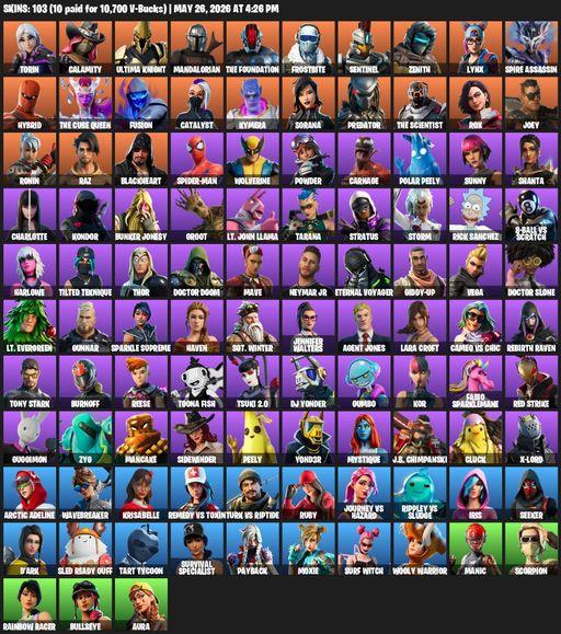[PC/PSN/XBOX] | 103 skins | Lara Croft | Reaper Axe | Torin | Calamity | Ultima Knight | Mandalorian | The Foundation | Frostbite | Sentinel | Zenith | Full Access