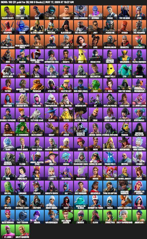 [PC/PSN/XBOX] | 152 skins | 1850 V-bucks | Merry Mint Axe | Travis Scott | Lara Croft | Eon | Fade | Zenith | Menace | Spire Assassin | Kymera | Midas | Full Access