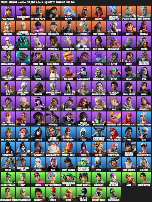 [PC/PSN/XBOX] | 128 skins | 700 V-bucks | Polo Prodigy | Stadium Hero '92 | Optimus Prime | Era | Nezumi | Blaze | Joltara | Renzo the Destroyer | Full Access