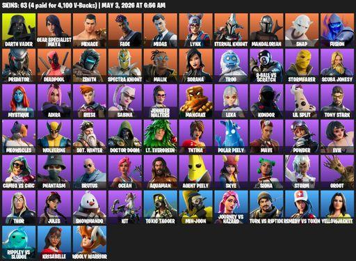 [PC/PSN/XBOX] | 63 skins | Darth Vader | Gear Specialist Maya | Menace | Fade | Midas | Lynx | Eternal Knight | Mandalorian | Snap | Fusion | Predator | Full Access