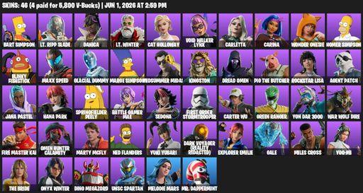 [PC/PSN/XBOX] | 46 skins | 2150 V-bucks | Bart Simpson | Lt. Ripp Slade | Danica | Lt. Winter | Cat Holloway | Void Walker Lynx | Carletta | Carina | Full Access