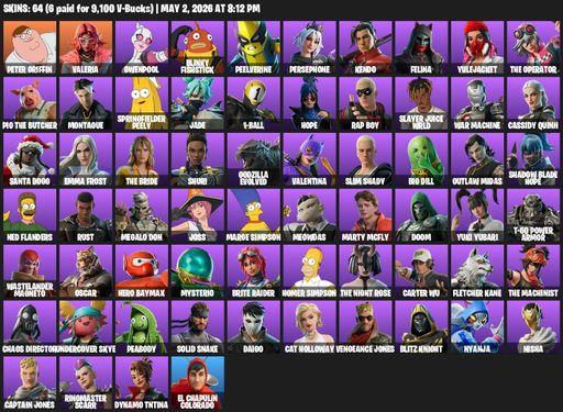 [PC/XBOX] | 64 skins | Peter Griffin | Valeria | Gwenpool | Blinky Fishstick | Peelverine | Persephone | Kendo | Felina | Yulejacket | The Operator | Full Access