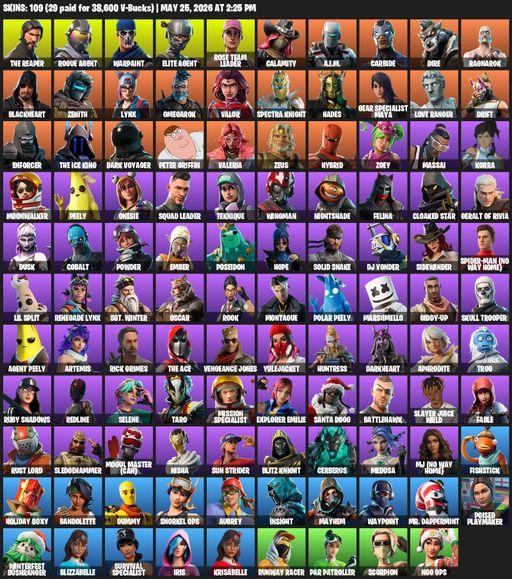 [PC/PSN/XBOX] | 109 skins | 1400 V-bucks | Take The L | OG STW | The Reaper | Elite Agent | Rogue Agent | Warpaint | Rose Team Leader | Calamity | Full Access