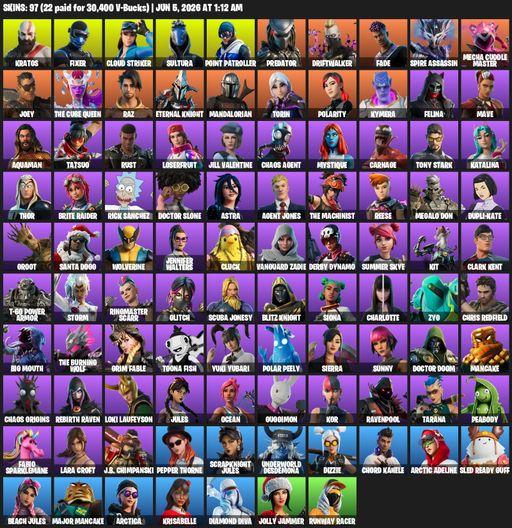 [PC/XBOX] | 97 skins | Leviathan Axe | Lara Croft | Kratos | Fixer | Cloud Striker | Sultura | Point Patroller | Predator | Driftwalker | Fade | Full Access
