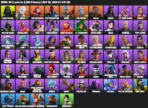 [PC/XBOX] | 65 skins | Darth Vader | Snap | The Imagined | The Foundation | Ronin | The Origin | Malik | Felina | Lt. John Llama | Haven | Doctor Doom | Full Access